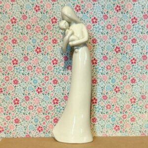 Mother and Child White Glazed Ceramic Figurine Faceless